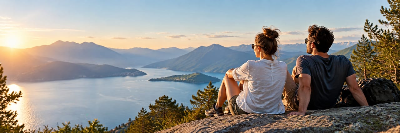 Paar genießt den Blick über einen Bergsee bei Sonnenuntergang